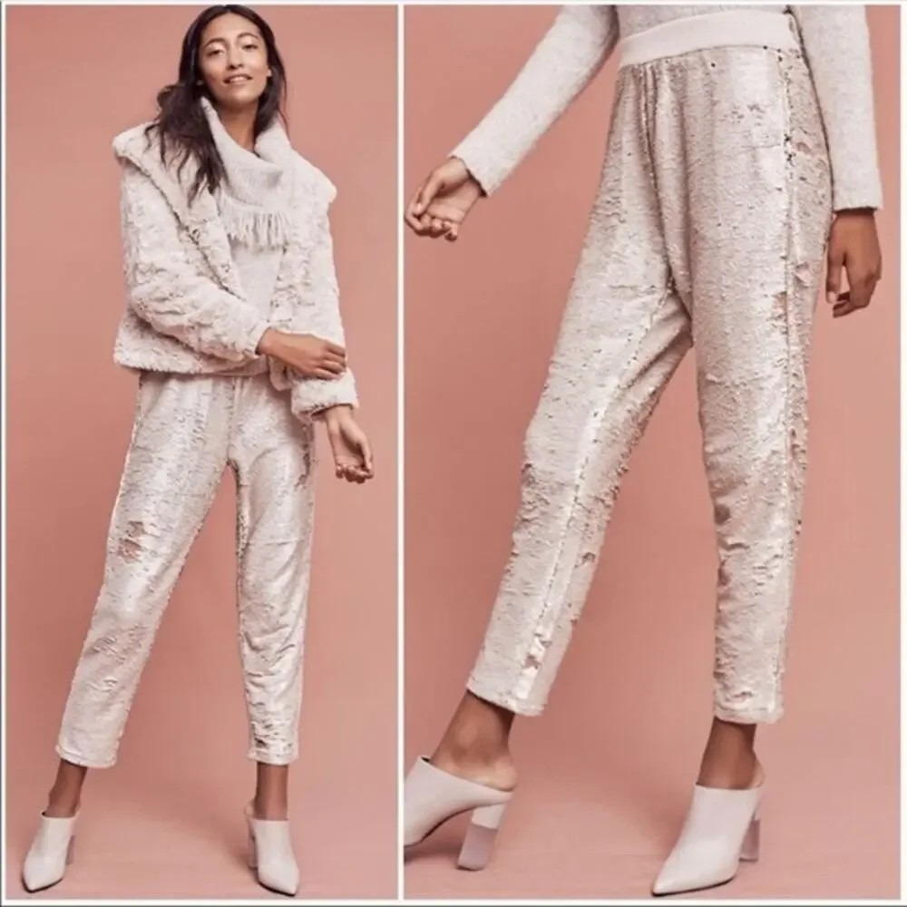 ANTHROPOLOGIE Hei Hei Cream Gold Sequin Jogger Pants W/Pockets- Medium Party